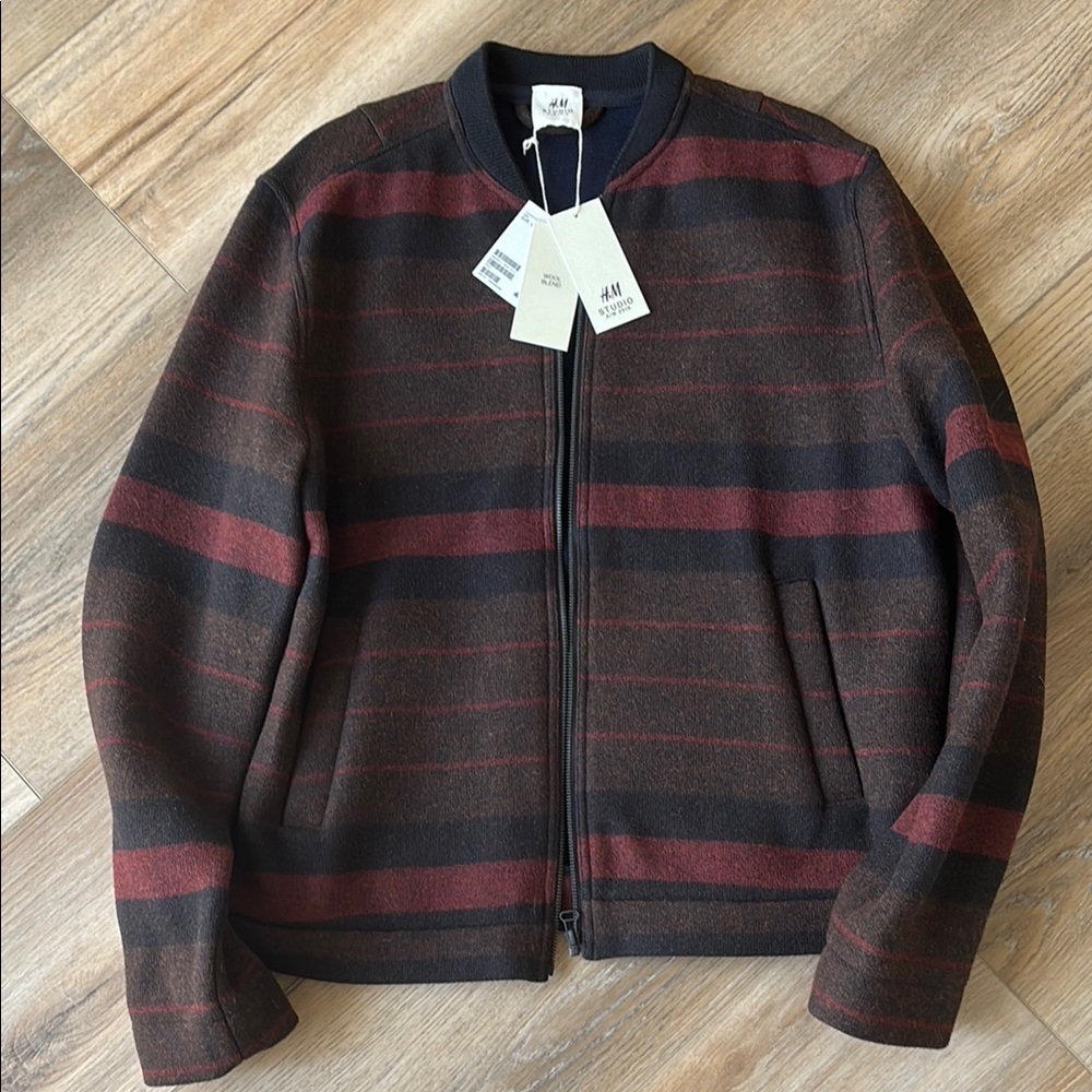 H&M Studio Wool Blend Jacket in Burgundy & Brown - A/W 2016 - Size Eur Large / L